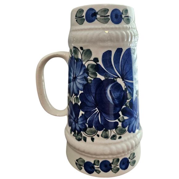 Vintage Hand Made Poland Mug Stein Hand Painted Blue White Floral Cottage Polish - Picture 1 of 12